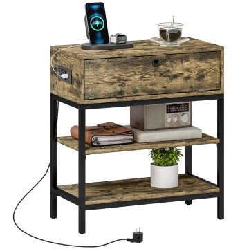 Masuta de Canapea cu Sertar si 2 Rafturi in Stil Industrial, din Lemn si Metal, 60x30x66.5 cm, Negru si Maro