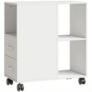 Masuta Minimalista pe Rotile cu 2 Sertare, Compartiment Deschis si Raft Reglabil, din Lemn, 60x30x65 cm, Alb