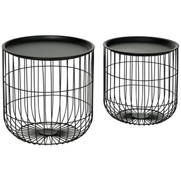 Masute Suprapuse, Set de 2 Mese Rotunde de Cafea cu Corp Cos din Otel cu Fire de Otel si Blat Detasabil, Mese Suprapuse pentru Camera de Zi, Negru
