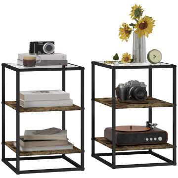 Set 2 Masute cu 3 Niveluri si Baza inaltata, Masute din Lemn, Metal si Blat din Sticla Calita, 37x40x55,5 cm, Maro