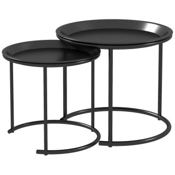 Set 2 Masute de Cafea Suprapozabile Rotunde cu Tavi Detasabile din Otel, Negru