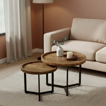 Set 2 mese de cafea Kelly, Lemn de Mango, variate, Naturală-Neagră