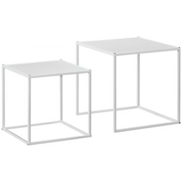 Set de 2 masute de cafea patrate stivuibile, masute laterale si de living din otel, alb