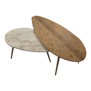Set masa de cafea 2 piese Monty, Lemn și Imitatie Marmura, Natural-Bej, 116x46x46 cm