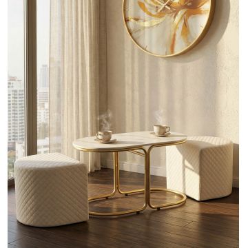 Set masuta de cafea si 2 taburete, Mauro Ferretti, Relax, 79x45x44 cm, lemn de pin/poliester, alb/auriu