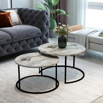 Mese de cafea cu aspect de marmură, Solme, metal negru, set 2 bucăți, 75x75x45 cm - Negru