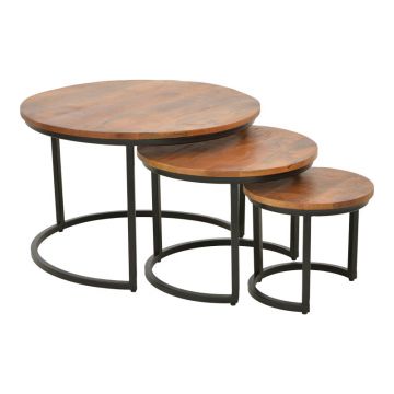 Set Masute de Cafea cu 3 Piese, Lemn de Mango și Picioare de metal, Nuanta Nuc, Diverse, 70x70x45 cm - Nuc