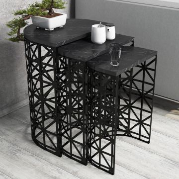 Măsuță de cafea Stil Marble, Diverse culori, Diverse configurații, Diverse dimensiuni - Negru / 3 bucăți / 46x33x62 cm