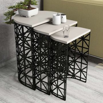 Măsuță de cafea Stil Metal Ferforje, Diverse culori, Diverse configurații, Diverse dimensiuni - Crem - Negru / 3 bucăți / 46x33x62 cm