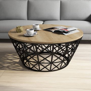 Măsuță de cafea Stil Metal Ferforje, Diverse culori, Diverse configurații, Diverse dimensiuni - Stejar - Negru / Standard / 90x90x38 cm