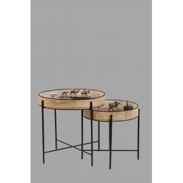 Set de măsuțe de cafea Kolezyum, Diverse culori, Diverse configurații, Ø45x40 cm - Negru - Natur / 2 bucăți