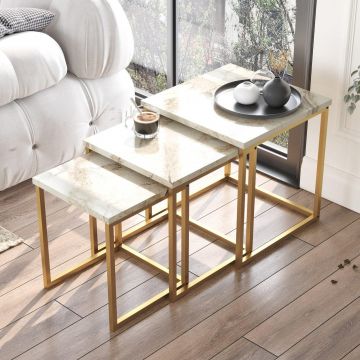 Set Masuta de Cafea Elegant , Alb - Aur, 40 x 42 x 40, 35 x 39 x 35, 30 x 36 x 30 - Crem