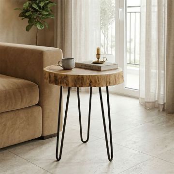 Tripp I Măsuță laterală solid acacia lemn Natural-picioare metalice negre D41χ45cm, 41x41x45 cm - NATURAL