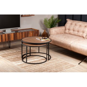 Set 2 măsuțe de cafea Tambur, Nuc - Negru, 66x66x43 cm - Nuc - Negru